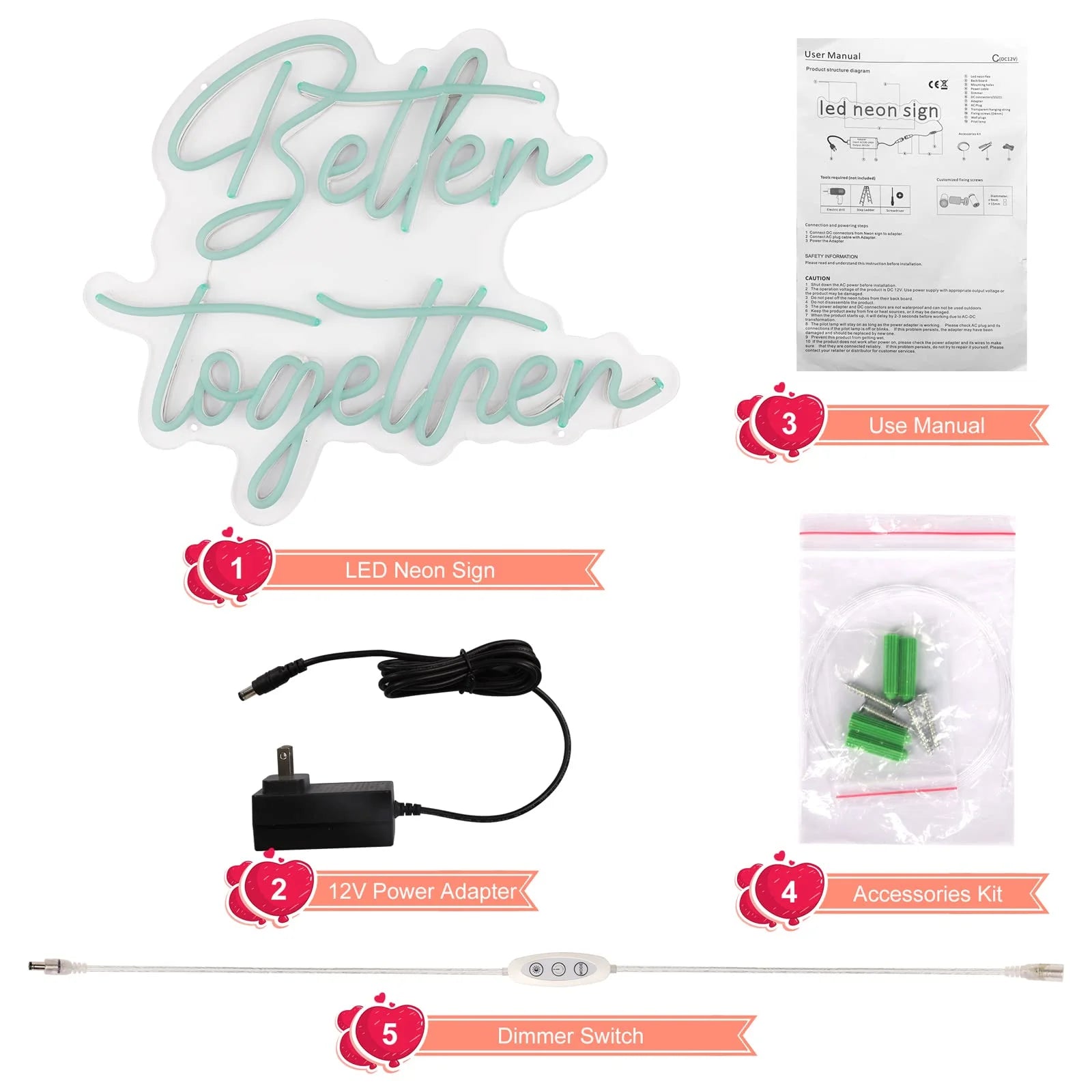 Better Together Neon Sign for Wall Decor, 15.7X12.6 Inch Dimmable Switch Blue Art Signs Led Neon Light for Wedding, Engagement, Valentines Day, Birthday, Holiday Party, Home Banquet Decoration