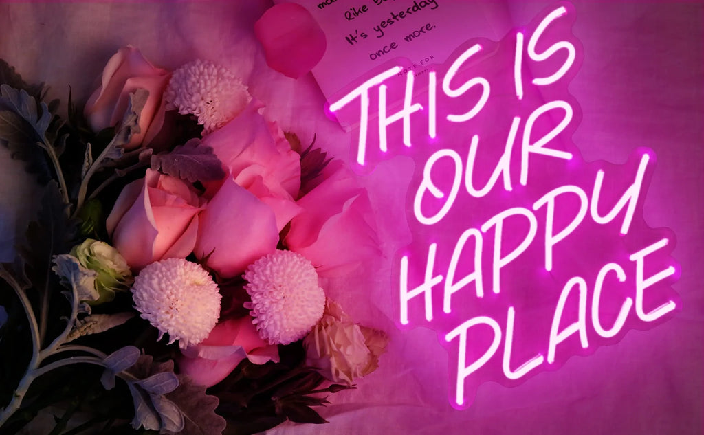 This Is Our Happy Place Neon Sign for Home Wall Decor,16X14 Inch Dimmable Switch Pink Art Signs Led Neon Light for Bedroom Kid'S Room Living Room Wedding Birthday Party Gift Bar Christmas Party