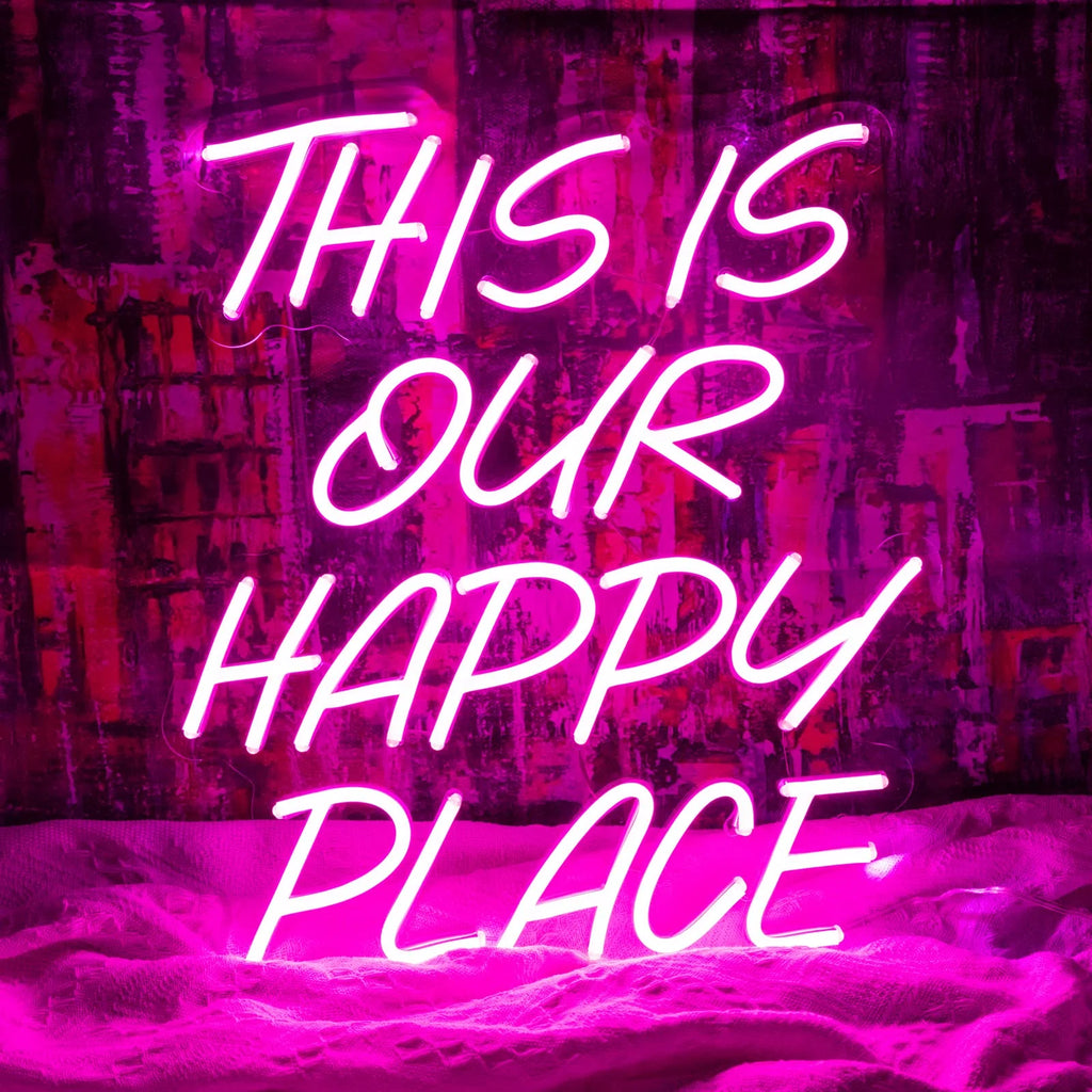 This Is Our Happy Place Neon Sign for Home Wall Decor,16X14 Inch Dimmable Switch Pink Art Signs Led Neon Light for Bedroom Kid'S Room Living Room Wedding Birthday Party Gift Bar Christmas Party