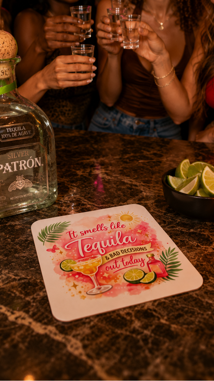 It Smells Like Tequila & Bad Decisions cork-back coaster