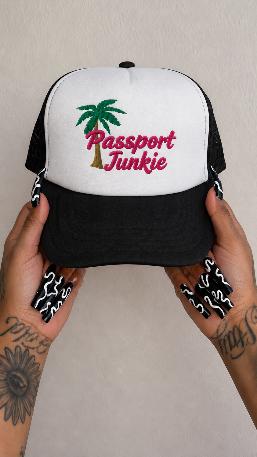 Passport Junkie embroidered foam trucker hat