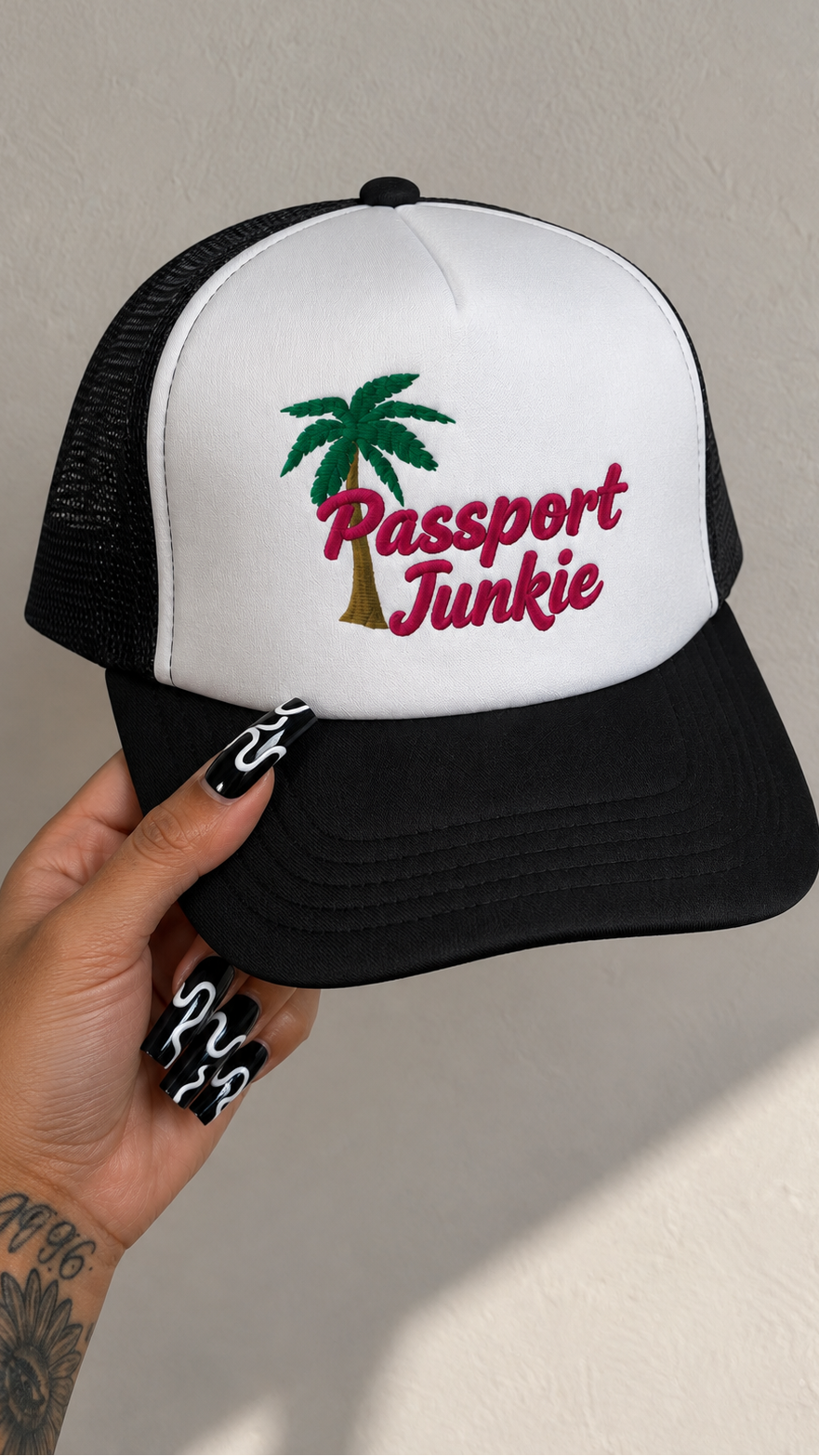 Passport Junkie embroidered foam trucker hat