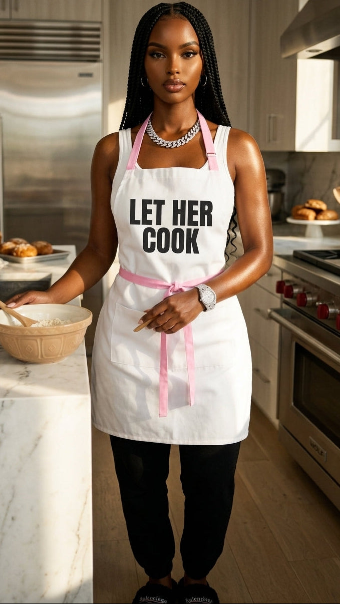 Let Her Cook pink strap apron