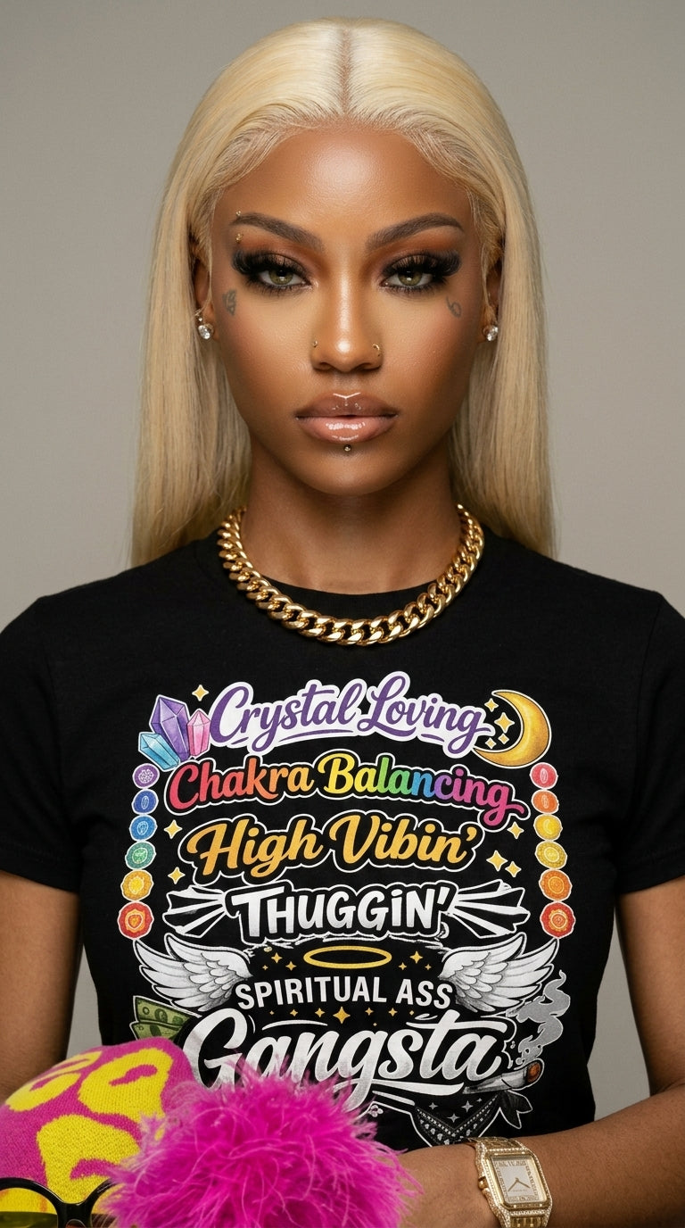Crystal Loving, Chakra Balancing, High Vibin', Thuggin', Spiritual Ass Gangsta adult tee