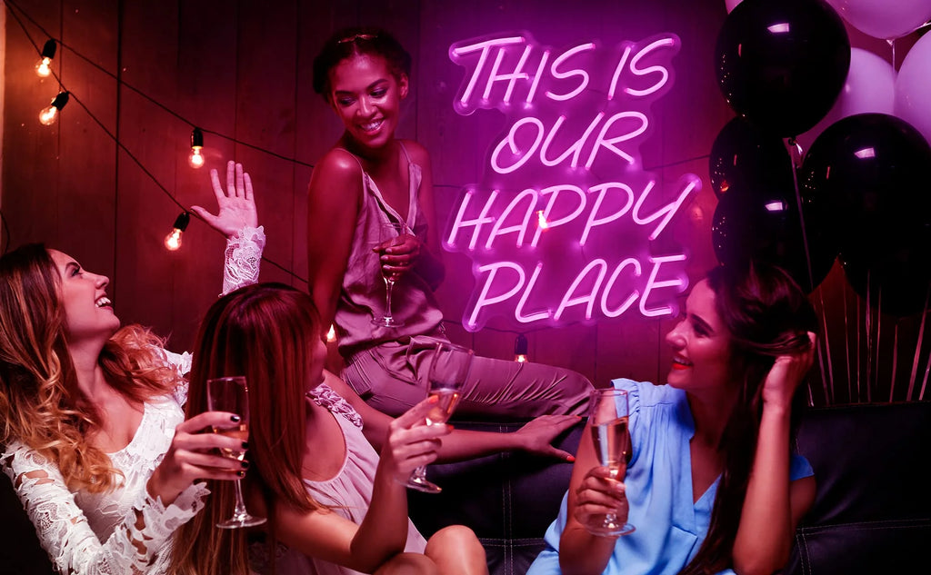 This Is Our Happy Place Neon Sign for Home Wall Decor,16X14 Inch Dimmable Switch Pink Art Signs Led Neon Light for Bedroom Kid'S Room Living Room Wedding Birthday Party Gift Bar Christmas Party