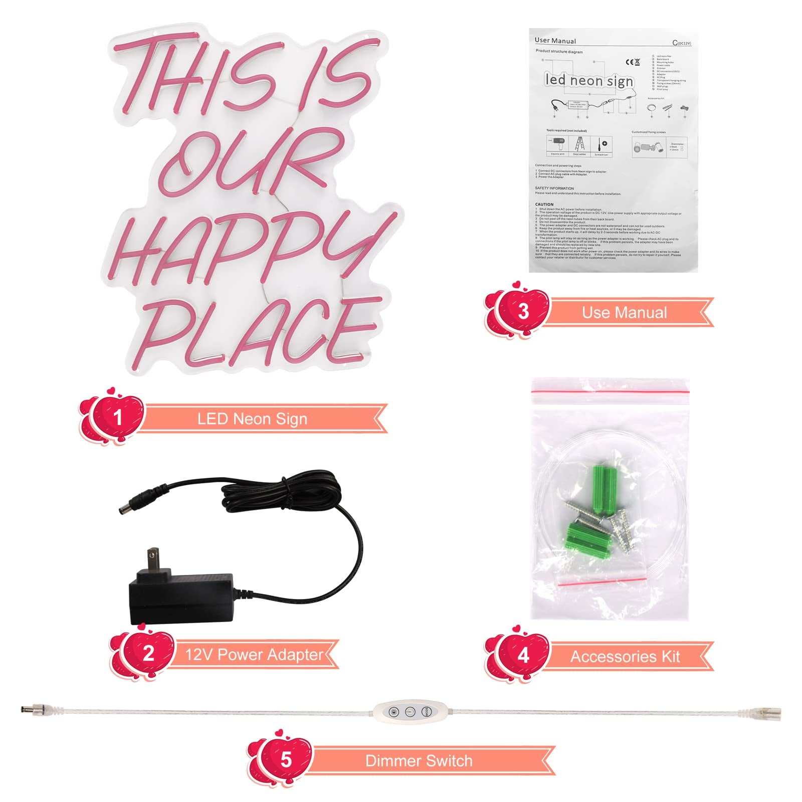 This Is Our Happy Place Neon Sign for Home Wall Decor,16X14 Inch Dimmable Switch Pink Art Signs Led Neon Light for Bedroom Kid'S Room Living Room Wedding Birthday Party Gift Bar Christmas Party